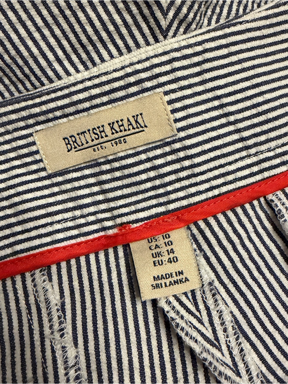 British Khaki Striped Seersucker Scalloped Hem Shorts - Picture 5 of 6